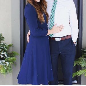 Navy blue chiffon midi dress with ruffle neck